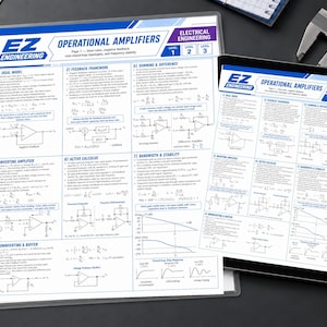May include: A white educational reference sheet titled EZ Engineering Operational Amplifiers with blue and purple accents, featuring technical diagrams, mathematical formulas, and circuit schematics, displayed on a physical page and a digital tablet.
