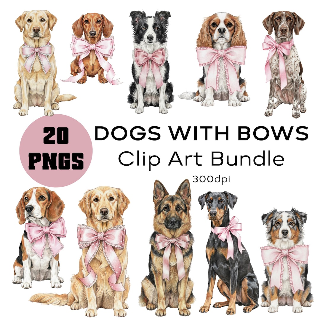 Pink Ribbon Dogs Trendy Dogs PNG • Dogs With Bows Clip Art Set • Dogs Pink Ribbon ...