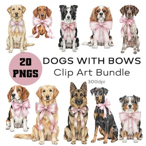 Trendiga hundar PNG • Hundar med rosetter clipart set • Hundar rosa bandet kokett PNG-paket