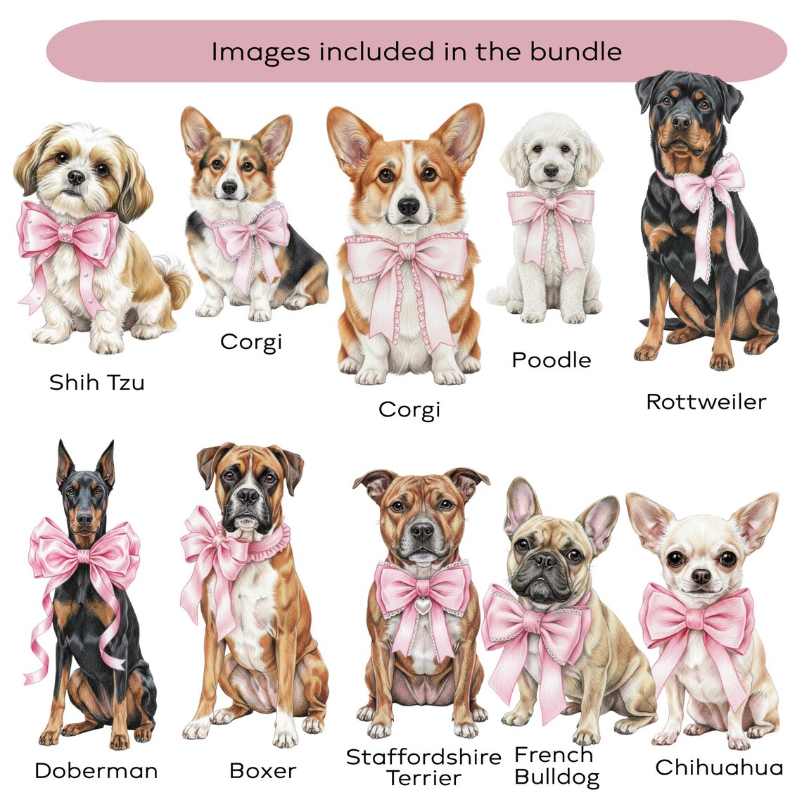 Pink Ribbon Dogs Trendy Dogs PNG • Dogs With Bows Clip Art Set • Dogs Pink Ribbon ...