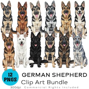 May include: A collection of 12 German Shepherd clip art images in various colors and patterns. The dogs are depicted in a sitting position with their tongues out. The text "GERMAN SHEPHERD Clip Art Bundle" is displayed below the images.