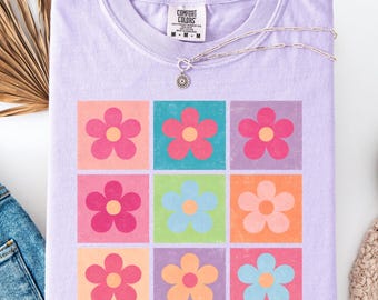 Chemise à fleurs à carreaux couleurs confort, chemises printanières à carreaux rétro pour femmes, t-shirt à fleurs bohème, chemise de Pâques à fleurs