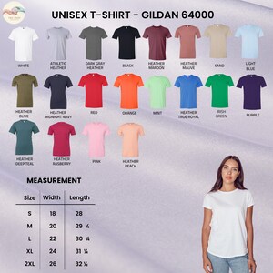 Peut inclure: Image d'une gamme de t-shirts unisexes Gildan 64000 de diff&eacute;rentes couleurs, dont blanc, noir, rouge et bleu. L'image affiche &eacute;galement un tableau des tailles avec des mesures en cm, et une femme portant un t-shirt blanc.