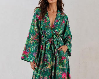 Bata kimono de algodón hecha a mano para mujer, bata de dormir, bata de playa, regalo para ella