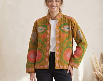 Samt Suzani bestickte Jacke für Frauen Blumen Vintage inspiriertes Mantel-Geschenk für sie