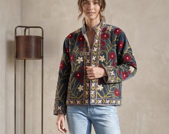Chaqueta Suzani hecha a mano, abrigo tradicional uzbeko de terciopelo bordado, chaqueta étnica para mujer.