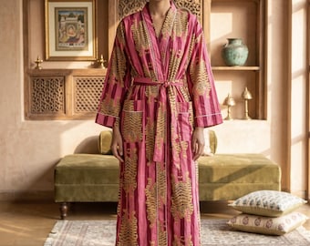 Kimono de algodón con estampado de tigre hecho a mano, estilo bohemio, con bolsillos, ideal para estar en casa.