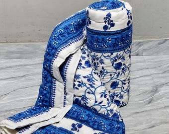 Edredón de algodón azul con estampado floral hecho a mano, cubrecama indio Jaipuri, manta individual