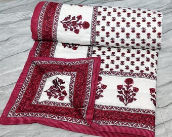 Edredón de algodón rojo y blanco, cubrecama con estampado de bloques indios, manta floral hecha a mano.