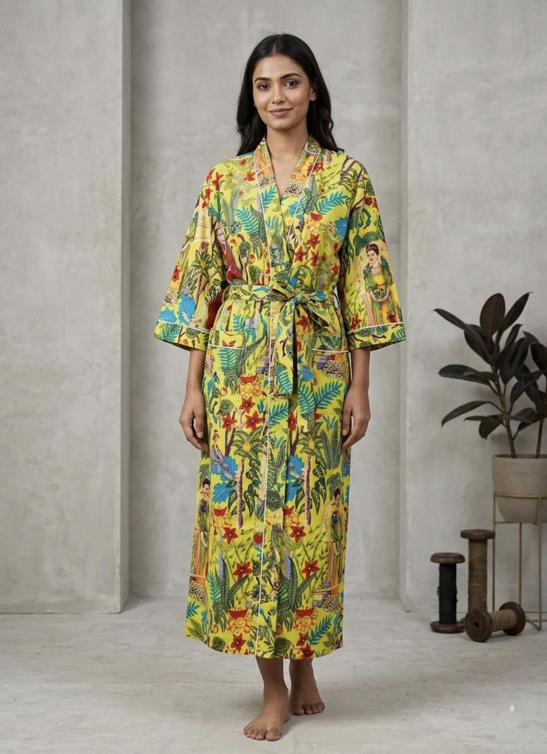 Frida Kahlo Inspired Kimono Robe Yellow Cotton Bathrobe Floral Boho ...
