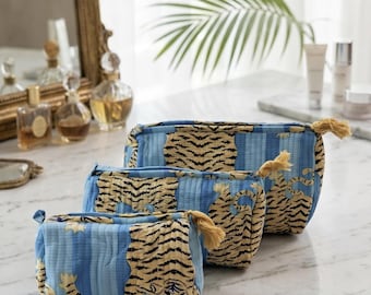 Neceser acolchado hecho a mano, estuche cosmético con estampado de tigre azul, organizador de viaje (3 piezas)