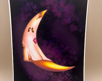 Moon Ghost Art Print – Whimsical Haunted Celestial Illustration – Cozy Spooky Home Decor – 5x7 Print