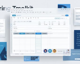 May include: A digital interface for a "Hiring Toolkit" is displayed, featuring a spreadsheet with data fields and a menu bar. Accompanying elements include document previews and text that reads "Hiring Toolkit".