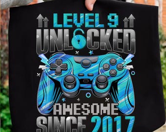 9th Birthday Boy Level 9 Gamer 9 Year Video Game Party Png, Level 9 Unlocked Awesome Since 2017, 9th Birthday Gaming Png, Instant Download
