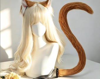 Faux Fur brown Cat Ears Headband & Fluffy Tail Set | plush Neko Ears Cosplay Accessory, Anime Kawaii Headwear,Halloween Party Furry Prop