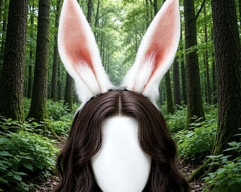Fluffy white pink Bunny Ears Headband and Tail Set, Plush Rabbit Ear Hairband, Cosplay Costume Accessory for Party, Women Girls Easter Gift