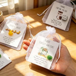 May include: Multiple small gift bags containing cards and decorative pins. One card says "YOU'RE DUCKING GREAT" with duck pins. Another says "THANKS FOR OWL YOU DO!" with owl pins. A third card reads "YOU'RE TURTLEY AWESOME" with turtle pins.