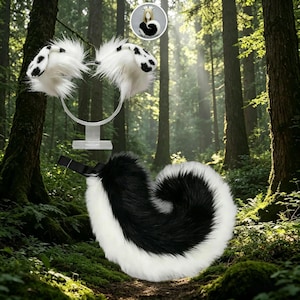 Puede incluir: Un conjunto de cola y diadema de orejas de mofeta de piel sintética en blanco y negro. Las orejas son blancas con manchas negras. La cola es negra con una franja blanca. El conjunto está diseñado para cosplay o disfraces.