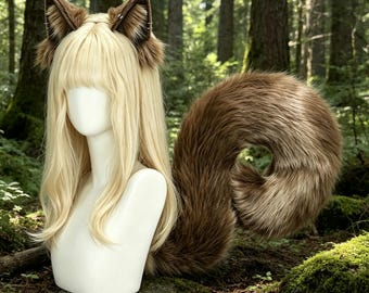 Fluffy Brown Squirrel Ears hairband and Tail Cosplay Set , Halloween Animal Furry Headband , Woodland Squirrel Faux Fur Tail for Anime Con