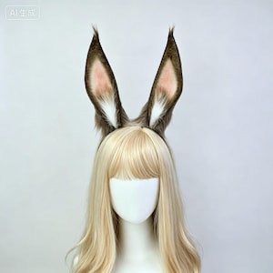 May include: A pair of tall, pointed animal ears made of brown faux fur with white and pink inner detailing, attached to a headband. The ears are positioned atop a mannequin head featuring long, straight, light blonde hair with bangs.