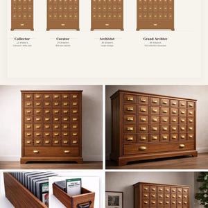 Puede incluir: Se muestran armarios de madera con tiradores de caj&oacute;n de lat&oacute;n. La imagen incluye una tabla comparativa de tama&ntilde;os con los armarios Collector, Curator, Archivist y Grand Archive. Los armarios marrones tienen numerosos cajones.