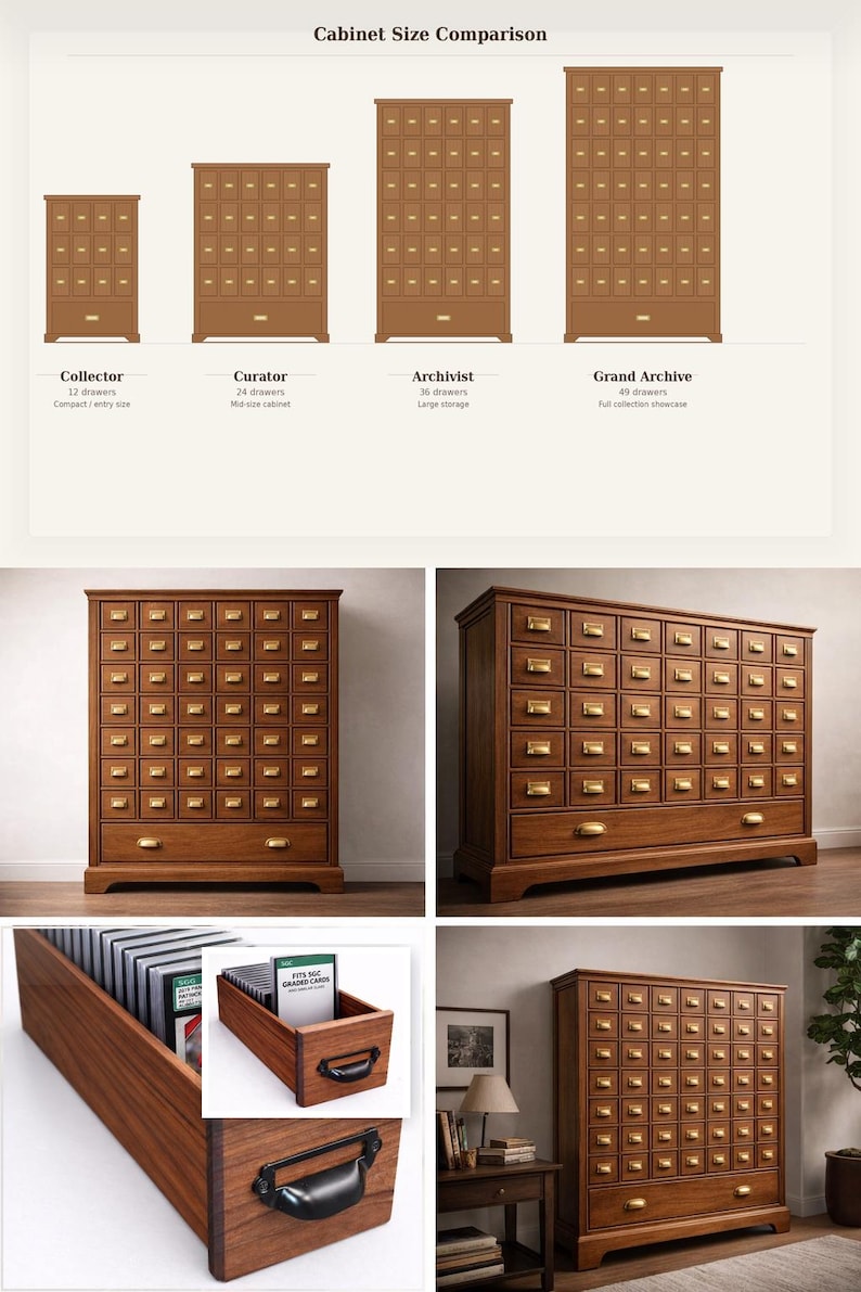 Puede incluir: Se muestran armarios de madera con tiradores de caj&oacute;n de lat&oacute;n. La imagen incluye una tabla comparativa de tama&ntilde;os con los armarios Collector, Curator, Archivist y Grand Archive. Los armarios marrones tienen numerosos cajones.