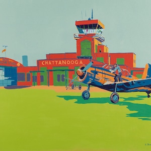 Vintage airplane painting in floating frame 22" x 25" x 2" original Chattanooga Airport