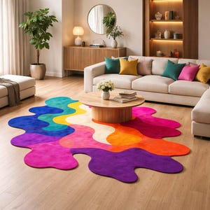 Könnte beinhalten: Ein unregelmäßig geformter Teppich mit einem lebendigen, mehrfarbigen Muster aus fließenden, organischen Kurven in den Farben Magenta, Violett, Orange, Gelb, Türkis und Blau, der auf einem hellen Holzboden in einem Wohnzimmer liegt.