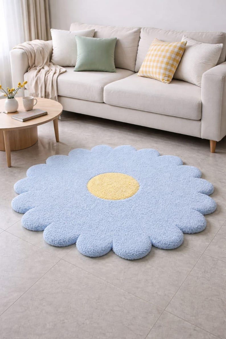 Daisy Shape Rug Hand-tufted Daisy Rug | Pastel Blue Floral Kids Carpet - Etsy