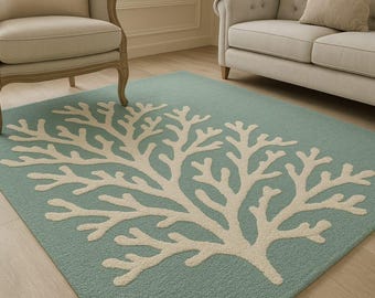 Alfombra de lana color coral tejida a mano, alfombra de sala de estar costera azul aguamarina