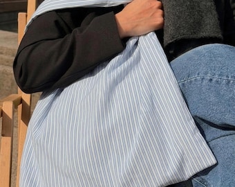 Vitblå randig återanvändbar shoppingväska | Lätt vikbar strandväska | Boho sommarsemester axelväska | Återanvändbar vardagsmarknadsväska