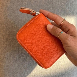 Neon Orange Matte Leather Wallet | Minimalist Genuine Leather Zip Wallet | Small card holder for Women - Real Leather Accessory