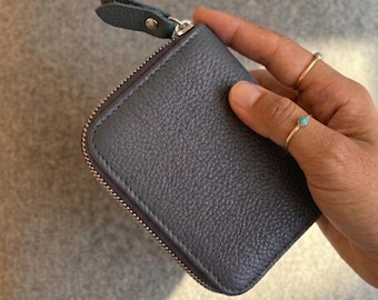 Skifferblå matt läderplånbok | Minimalistisk plånbok i äkta läder med dragkedja | Liten korthållare för kvinnor - Accessoar i äkta läder