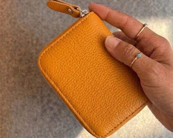 Senapsgula matt läderplånbok | Minimalistisk plånbok med dragkedja i äkta läder | Liten korthållare för kvinnor - Accessoar i äkta läder