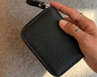 Svart matt läderplånbok | Minimalistisk plånbok i äkta läder med dragkedja | Liten korthållare för kvinnor - Accessoar i äkta läder