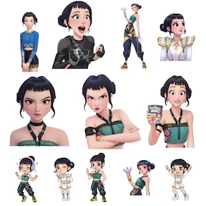 May include: A collection of digital illustrations featuring a woman with dark hair in various poses and outfits. The images showcase different expressions and styles, including casual and stylized attire. Some illustrations include accessories and props.