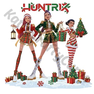 Puede incluir: Ilustración de tres mujeres con atuendos navideños festivos. Una lleva un estampado de cuadros rojos y verdes, otra una chaqueta verde de estilo militar y la tercera un conjunto a rayas de bastón de caramelo. La imagen incluye regalos envueltos, un árbol de Navidad y el texto "HUNTRIX".