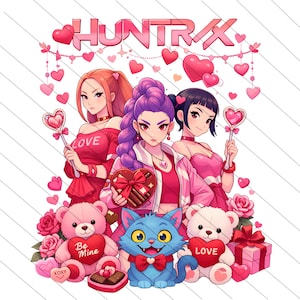 May include: A digital illustration featuring three anime-style women surrounded by hearts and Valentine's Day themed items. The image includes teddy bears, a blue cat, and the word "HUNTRAX" at the top. The women are holding heart-shaped lollipops and a heart-shaped box of chocolates.