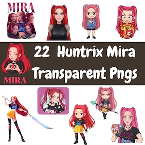 May include: A collection of 22 Huntrix Mira transparent PNGs. The images feature illustrations of a woman with red hair in various poses and outfits. Some images include the word "MIRA".