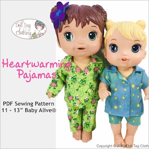 May include: PDF sewing pattern for 11-13" Baby Alive® dolls. The pattern includes two different pajama sets: one with a green frog print and one with a blue star print. The pattern is titled "Heartwarming Pajamas".
