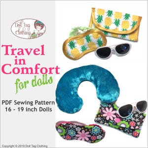 Travel in Comfort | PDF Sewing Pattern for 18 inch Girl and Boy Dolls | Sleep Mask, Glasses Case, Shopping Bag, Neck Pillow