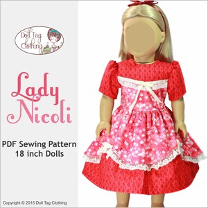 May include: PDF sewing pattern for an 18 inch doll dress. The dress is red with white floral print and white lace trim. The pattern is called "Lady Nicoli" and is by Doll Tag Clothing.