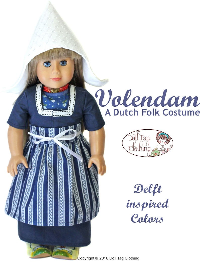 May include: A doll wearing a traditional Dutch Volendam costume with a white cap, blue and white striped skirt, and blue bodice. The doll is wearing a red necklace and the text "Volendam A Dutch Folk Costume" is written in purple above the doll. The text "Delft inspired Colors" is written in purple below the doll.