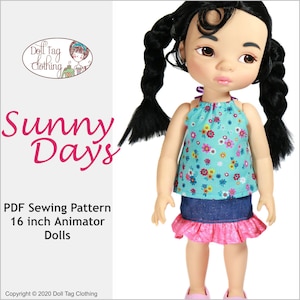 Könnte beinhalten: Ein PDF-Schnittmuster für eine 40,6 cm große Animator-Puppe. Das Schnittmuster heißt "Sunny Days" und zeigt eine Puppe, die ein türkisfarbenes, florales Tanktop und einen Jeansrock mit einem rosa Volant trägt.