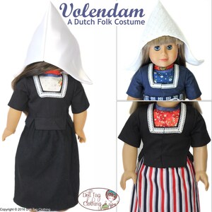 May include: A Dutch folk costume for a doll, featuring a white cap, a black bodice, a blue and white striped skirt, and a red and white patterned collar.