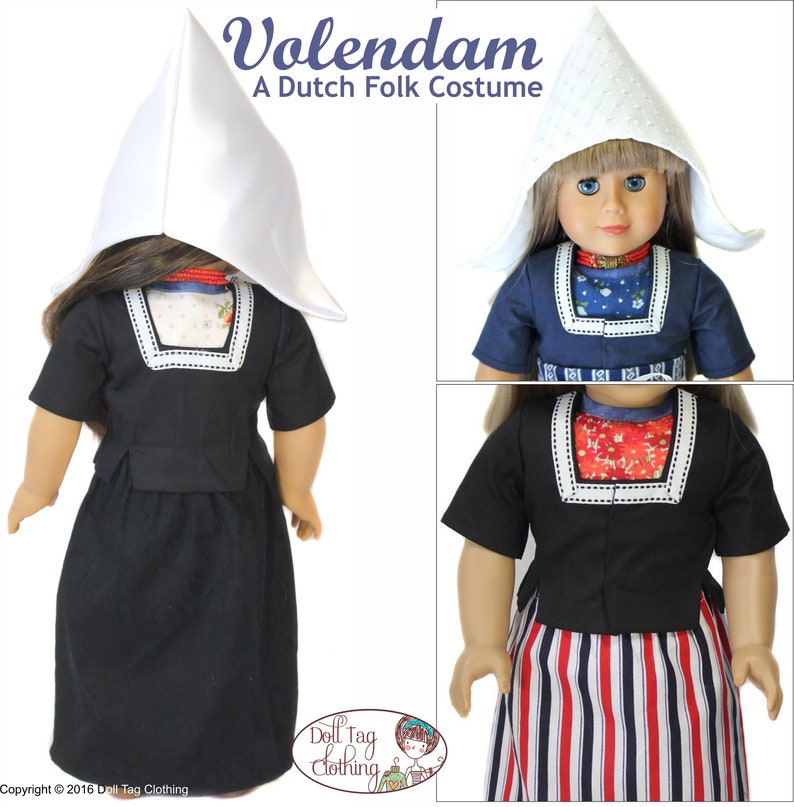 May include: A Dutch folk costume for a doll, featuring a white cap, a black bodice, a blue and white striped skirt, and a red and white patterned collar.