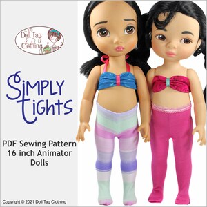 Puede incluir: Patrón de costura PDF para hacer leotardos para muñecas Animator de 40,6 cm. El patrón incluye dos estilos diferentes de leotardos, uno con un patrón a rayas y otro rosa sólido. El patrón se titula "SIMPLY TIGHTS".