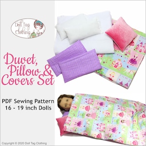 May include: PDF sewing pattern for a duvet, pillow, and pillowcase set for 16-19 inch dolls. The pattern features a princess-themed fabric with pink, green, and white colours.