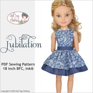 May include: A PDF sewing pattern for an 18 inch doll dress called "Jubilation". The dress is blue with a white floral print and a denim trim. The pattern is from Doll Tag Clothing.