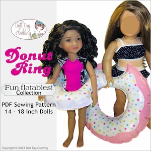 Könnte beinhalten: PDF-Nähmuster für ein aufblasbares Schwimmring-Donut für 35-45 cm Puppen. Das Muster ist Teil einer Kollektion namens "Fun-flatables!" und zeigt einen rosafarbenen Donut mit bunten Punkten.